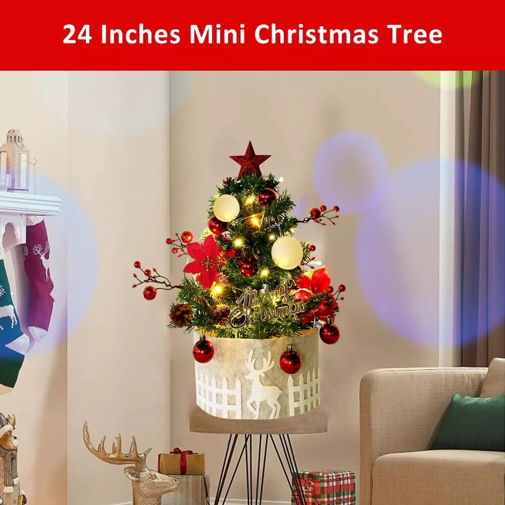 2ft Small Table Top Christmas Tree Mini Artificial Xmas With Lights & Ornaments