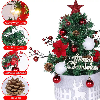 2ft Small Table Top Christmas Tree Mini Artificial Xmas With Lights & Ornaments