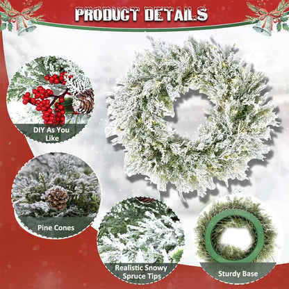 24in Pre-Lit Snow Flocked Christmas Wreath Garlands Artificial for Home Decor
