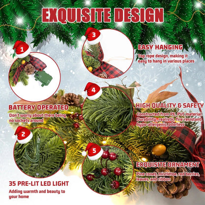 26inch Christmas Teardrop Swag with Fairy Lights Battery Operated for Decoration