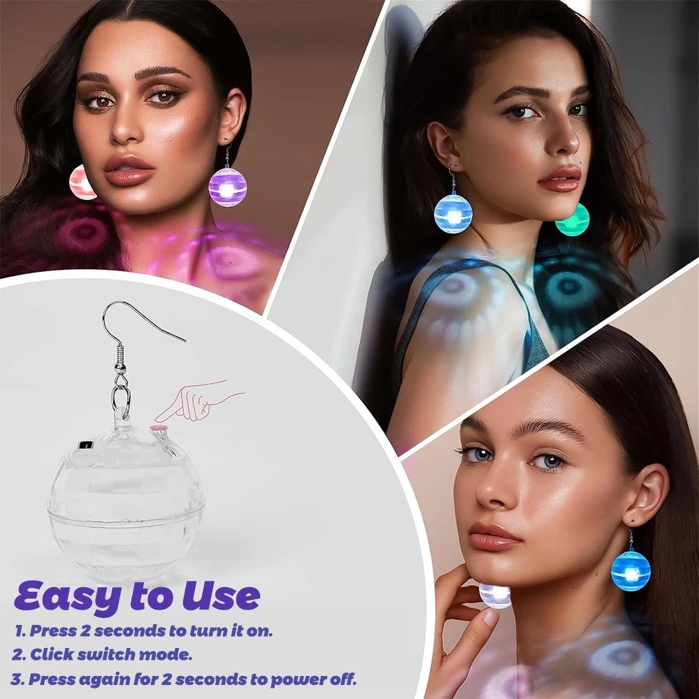 2 PCS Disco Ball Earrings Rechargeable for Girls Party Gift LED 16 Color Modes