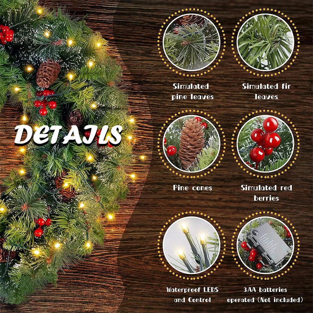 24in Pre-Lit Christmas Wreath Garland Decor for Home Front Door Wall Hanging
