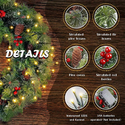 24in Pre-Lit Christmas Wreath Garland Decor for Home Front Door Wall Hanging
