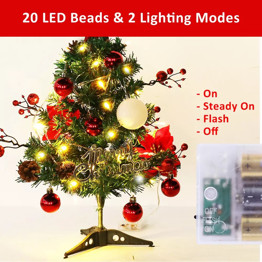 2ft Small Table Top Christmas Tree Mini Artificial Xmas With Lights & Ornaments