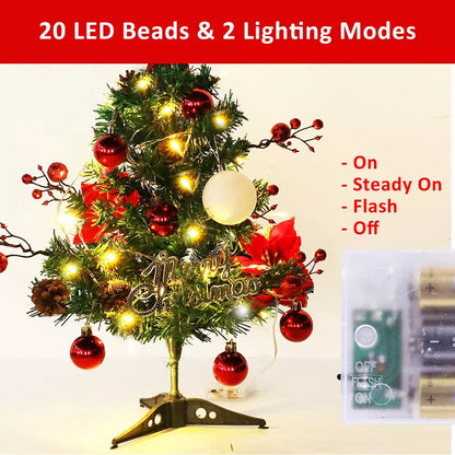 2ft Small Table Top Christmas Tree Mini Artificial Xmas With Lights & Ornaments