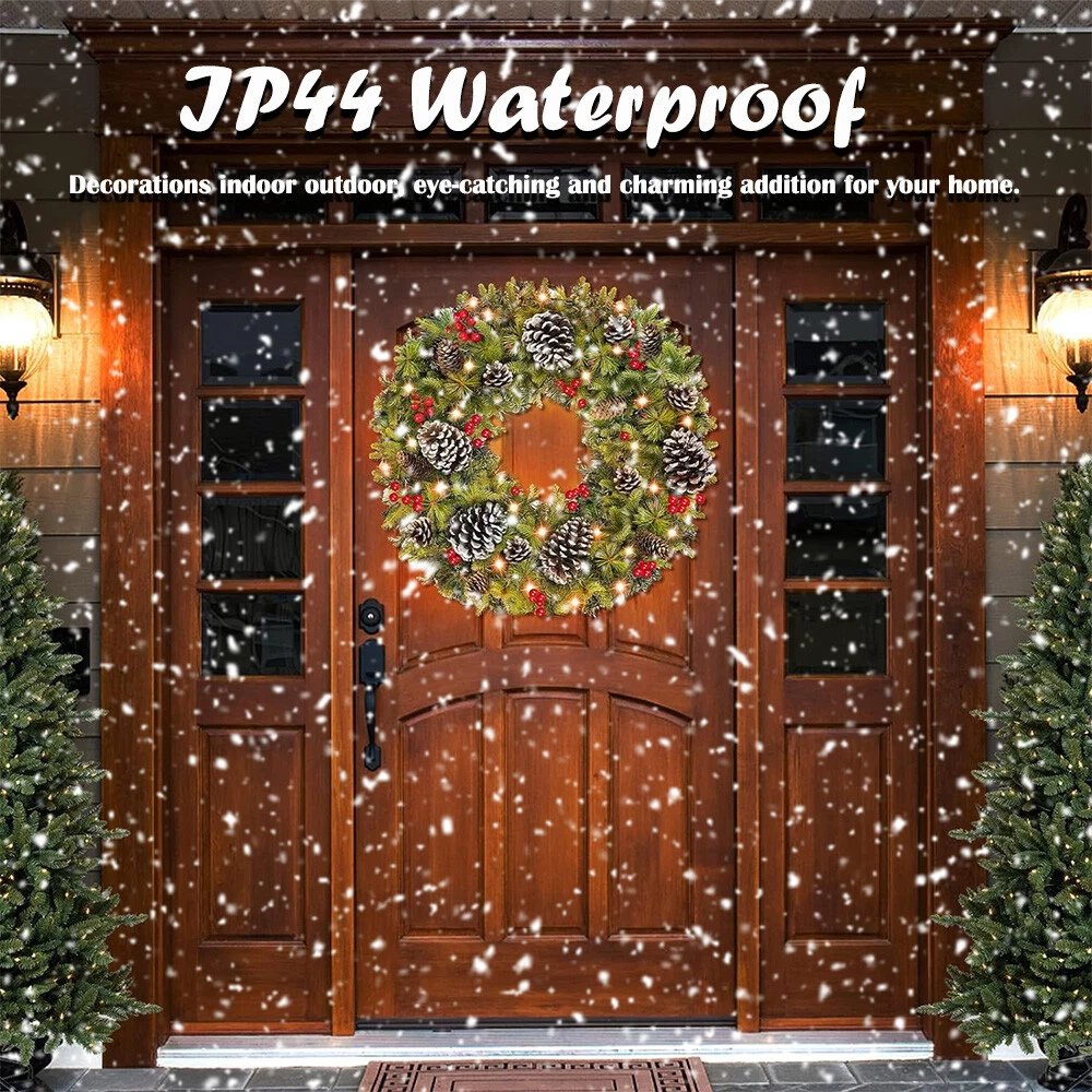 24in Pre-Lit Christmas Wreath Garland Decor for Home Front Door Wall Hanging
