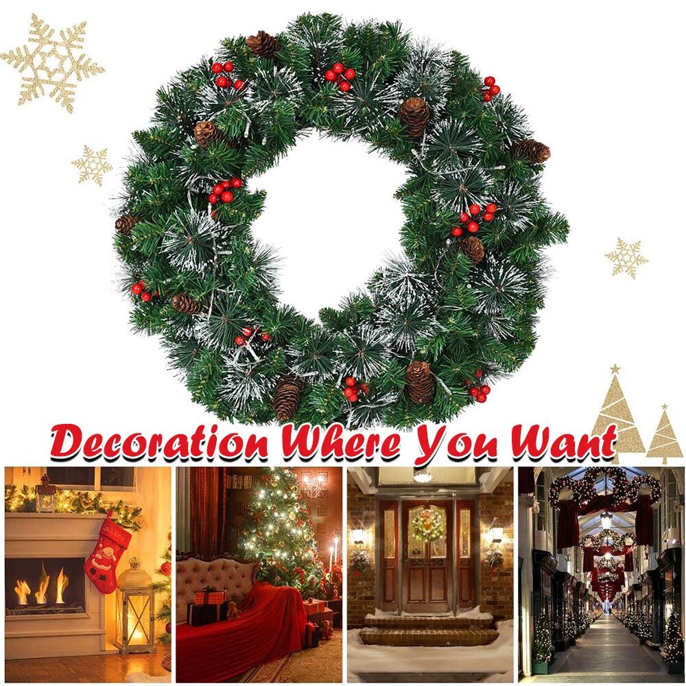 24in Pre-Lit Christmas Wreath Garland Decor for Home Front Door Wall Hanging