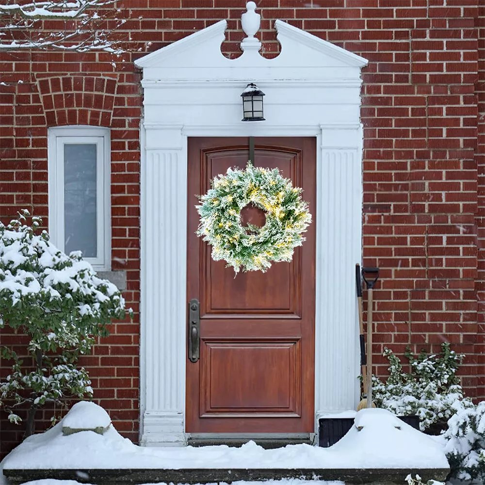 24in Pre-Lit Snow Flocked Christmas Wreath Garlands Artificial for Home Decor